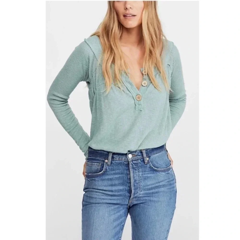 Free People Green Must Have Henley Knit Top